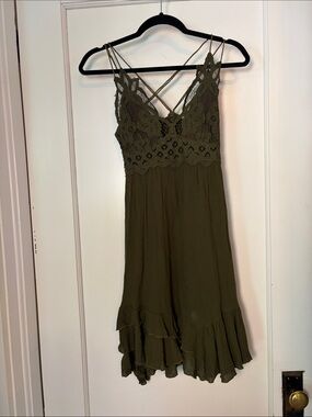 Free People Olive Green Lace embroidered Gauze Bodice Mini Dress